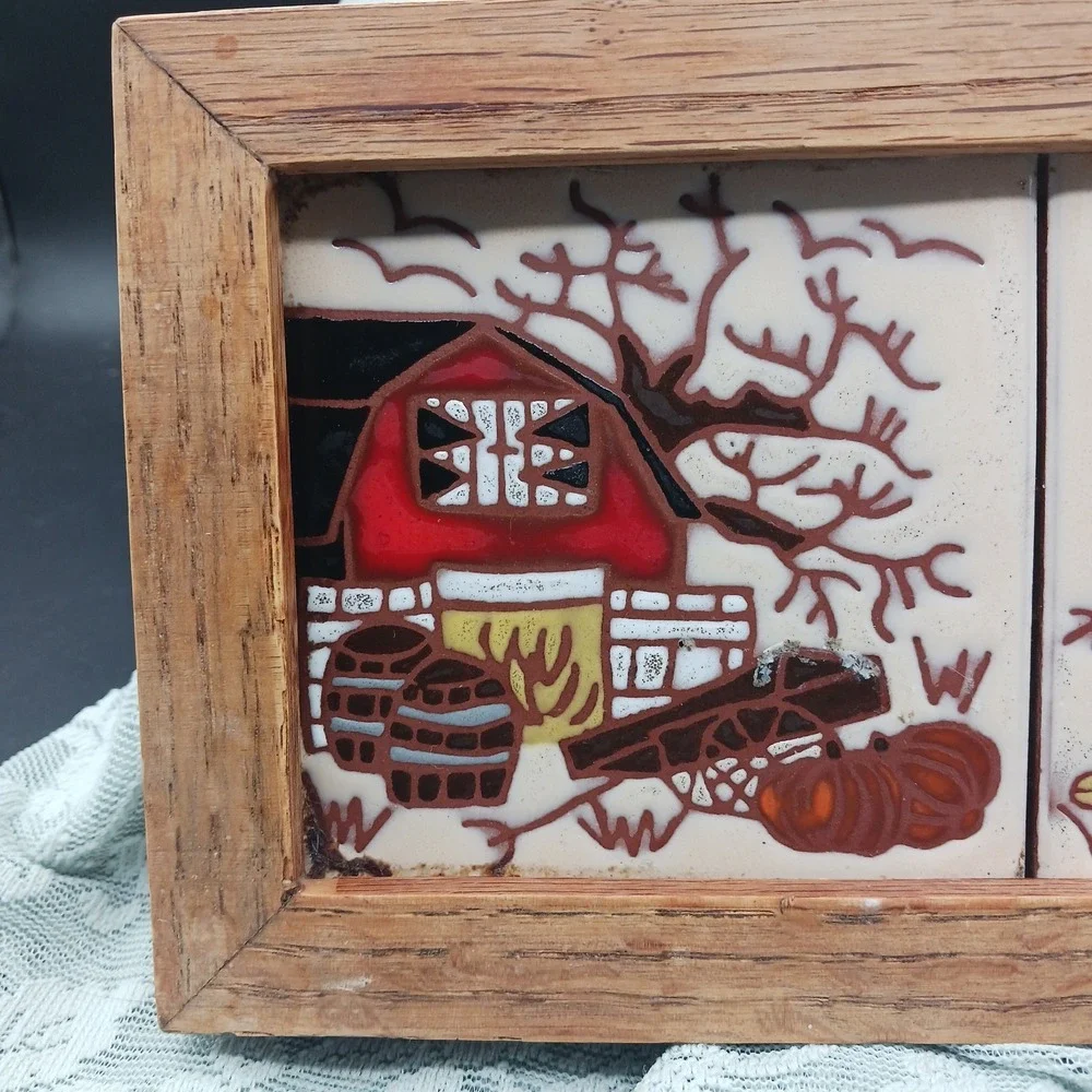 VTG Ceramic Tile Framed Wall art Barn Hen Chicks Pumpkin Trivet Country Farmcore